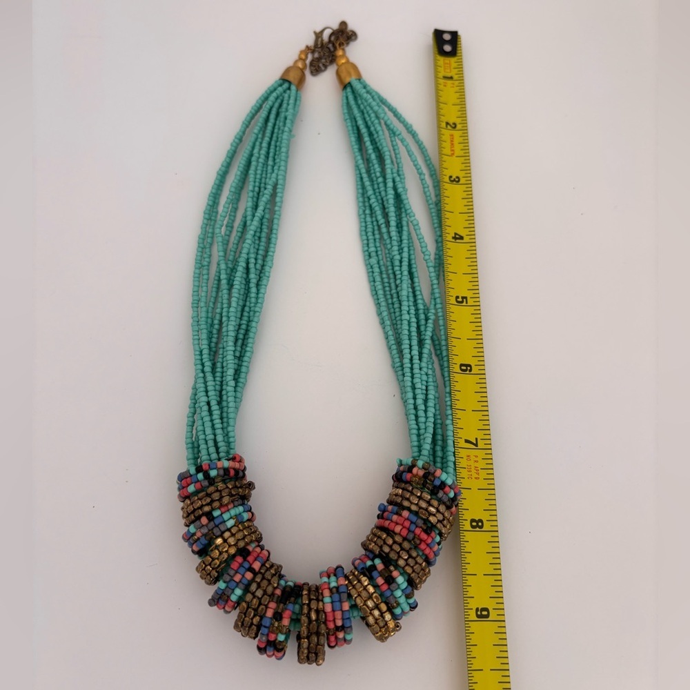 Boho Statement Necklace: Turquoise Beaded Multi-Strand Mosaic Bib - Picture 10 of 10